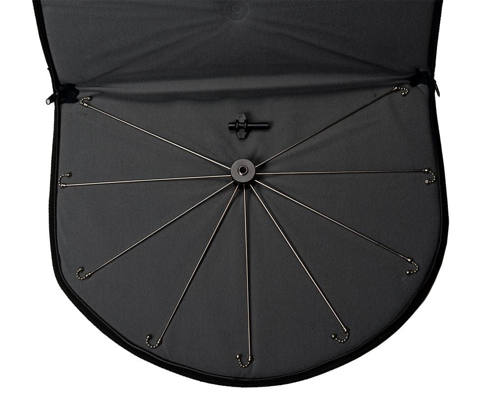 Close inside view of an open Jaspercussion Cymb Siz protective carrying case, showing how the Cymb Siz adjustable sizzler attachment and wing nut fits within..
