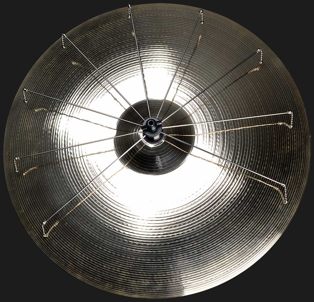 Overhead view of a Jaspercussion Cymb Siz attached to a ride cymbal.